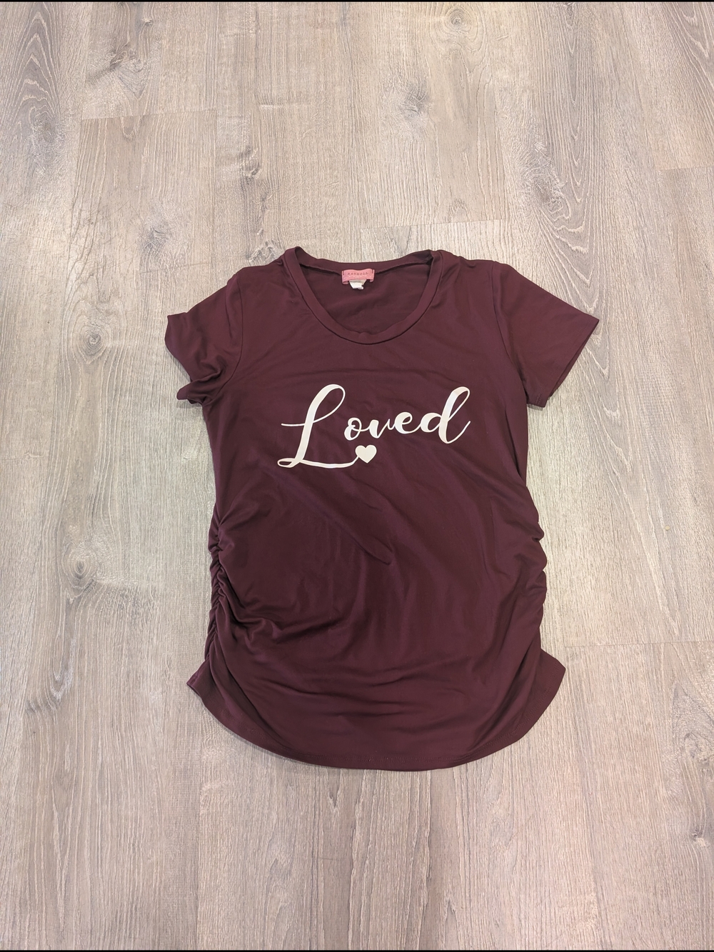 Ragdoll L.A. Maternity Loved Graphic Tee Burgundy Wine Side Ruched Top Medium